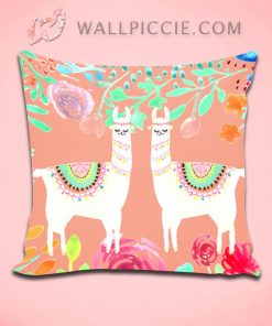 Cute Llama Alpaca Floral Pattern Decorative Pillow Cover