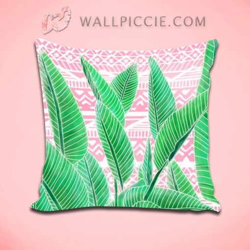 Green Watercolor Tropical Leaf Pink Decorative Throw Pillow Cover