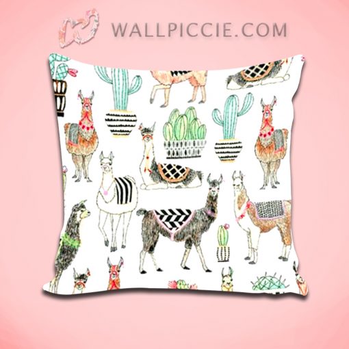 Llama Cactus Watercolor Pattern Decorative Pillow Cover