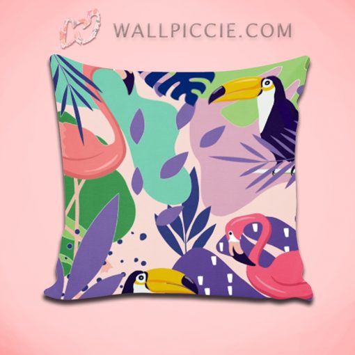 ropical Jungle Flamingos And Toucans Memphis Decorative Pillow Cover